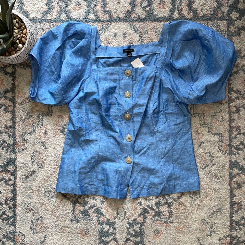 Ann Taylor Blue Puff Sleeve Top